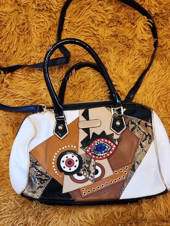 Nicole Lee Handbags - Nicole Lee White Tan Black Multi-Panel Embellished Satchel FINAL PRICE
